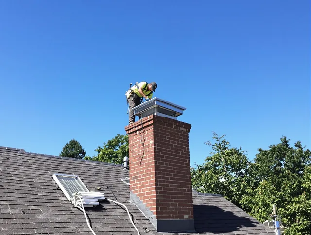 Rehoboth Chimney Sweep technician measuring a chimney cap in Rehoboth, MA