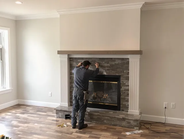 Rehoboth Chimney Sweep finishing a custom fireplace install in Rehoboth, MA